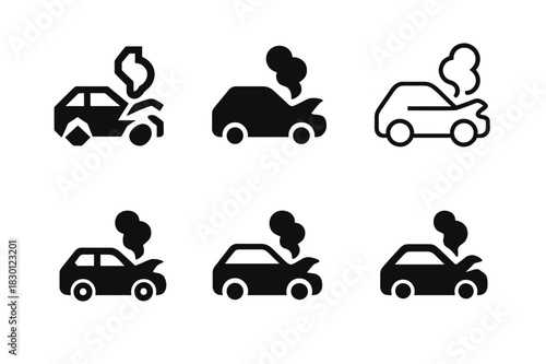 Damaged Vehicle Logos. damaged vehicles. Icon set. Set Logo of damaged vehicles: wrecked car with smoke. harmonious logo variations of the same emblematic