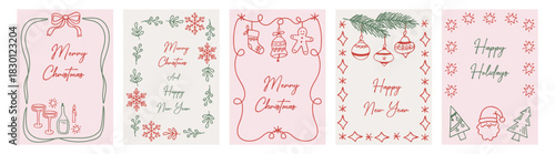 A set of hand-drawn Christmas and New Year greeting cards for celebrating the holidays, featuring festive elements and typography.