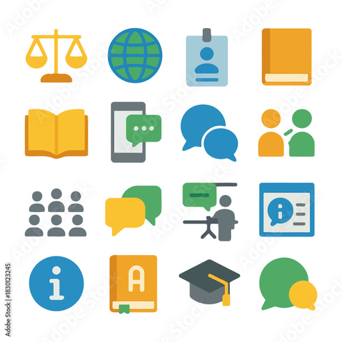 Knowledge and Communication Icons: An array of colorful icons representing various aspects of communication and knowledge. The design emphasizes clarity and simplicity.