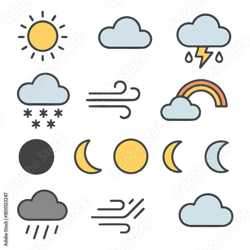 Weather Icon Set: A vibrant collection of weather icons captures the essence of meteorological elements, ranging from the radiant sun and fluffy clouds to dramatic storms and subtle breezes.