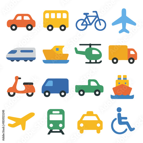 Assorted Transportation Icons: A vibrant collection of stylized icons, representing various modes of transport. 