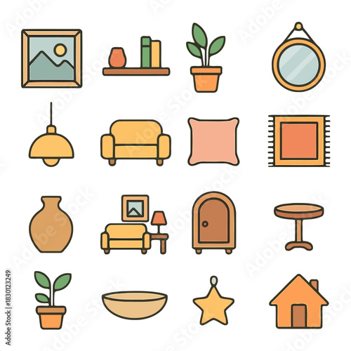 Interior Design Essentials: A meticulously curated collection of illustrations showcases the building blocks of an inviting and harmonious living space.