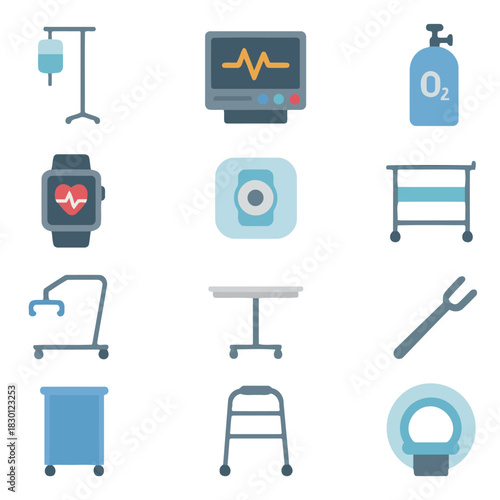 Essential Medical Icons: A collection of simple, yet impactful medical icons, designed in a clean and modern style, depicting essential tools and equipment used in healthcare and medical settings.