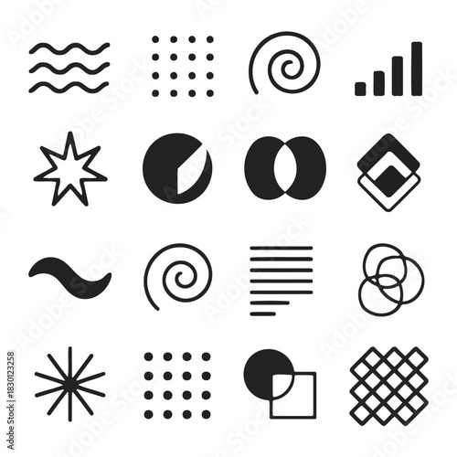 Abstract Shapes: A collection of various minimalist, abstract shapes, each with unique characteristics and symbolism, suggesting versatility and adaptability.