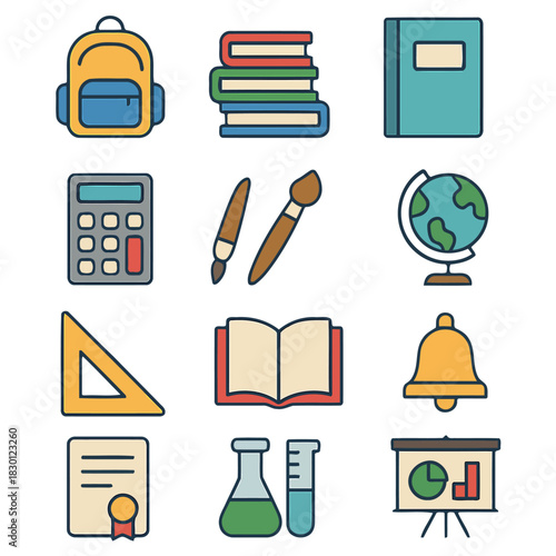 School Supplies: An assortment of essential school supplies, each meticulously illustrated in a vibrant and engaging manner. Perfectly suited for educational content. 