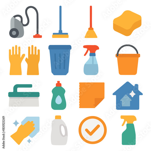 House Cleaning Supplies Illustration: An assortment of cleaning tools and products. This illustration highlights a comprehensive set of items essential for keeping a house tidy and sanitary.
