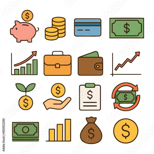 Financial Icons Array: An assortment of financial symbols. Encompassing savings, investments, and transactions to present an informative visual representation. 