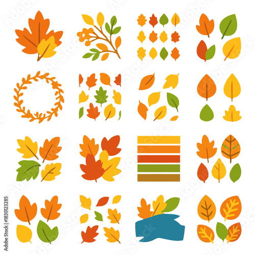 Autumnal Leaves Collection: A diverse compilation of vibrant autumn leaves and floral arrangements in various styles, showcasing the rich hues and intricate designs of the season.