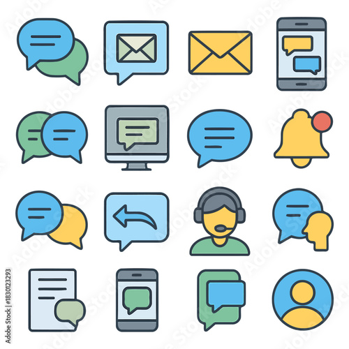 Digital Conversation Icons: A collection of vibrant icons represent various modes of digital communication, from email and text messaging to notification alerts and customer service interactions.