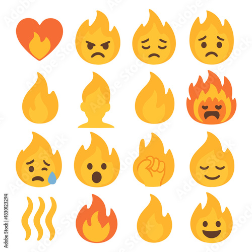 Expressions of Flame: A visual display of varied facial expressions incorporated into the form of flames. This collection artfully blends the elements of emotion and energy. 