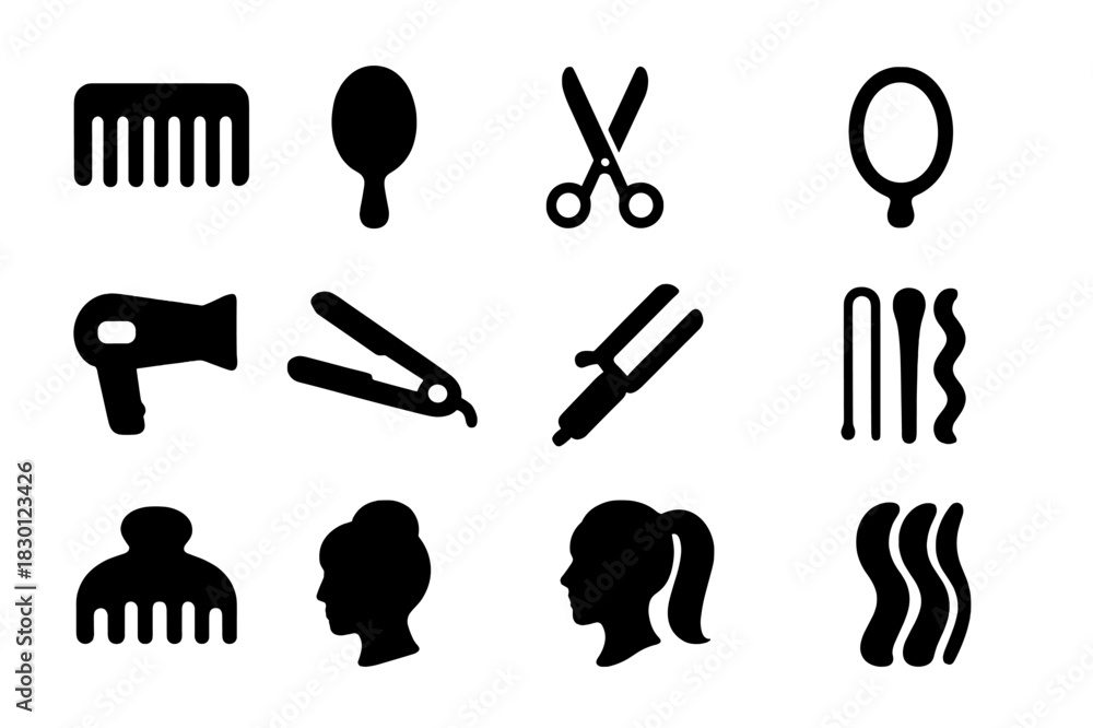 Obraz premium Timeless Hairstyle Icons. Timeless hairstyle. Solid icon set of Timeless hairstyle: comb, hairbrush, scissors, mirror, hair dryer, straightener, curling iron,