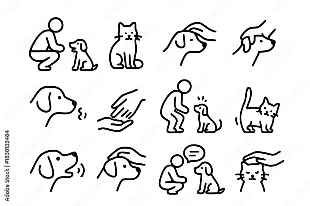 Fototapeta premium Street Pet Interaction Icons. Interacting with street pets. Line icon set of interacting with street pets: crouching person, happy dog, relaxed cat, petting