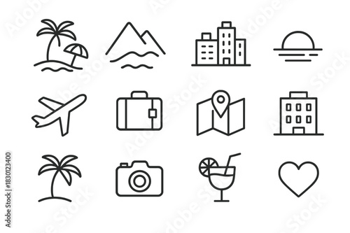 Honeymoon Icon Set. Honeymoon destinations. Line icon set of honeymoon destinations: beach, mountains, cityscape, sunset, airplane, suitcase, map, hotel, palm