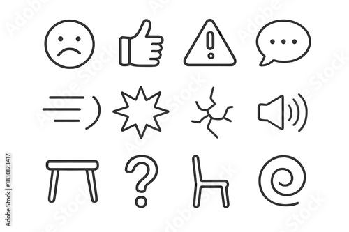Monochrome Expression Icons. Reaction and expression. Line icon set of reaction and expression: face, hand, exclamation mark, sigh bubble, motion line,