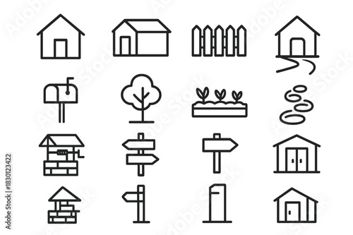 Plot Structure Icons. Plot with structures. Line icon set of Plot with structures: house outline, shed, fence, driveway, mailbox, tree, garden bed, pathway,