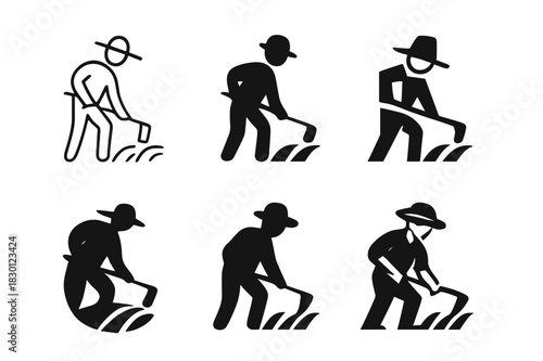 Smallholder Farming Icons. smallholder farming. Icon set. Set Logo of smallholder farming: farmer with hoe. harmonious logo variations of the same emblematic