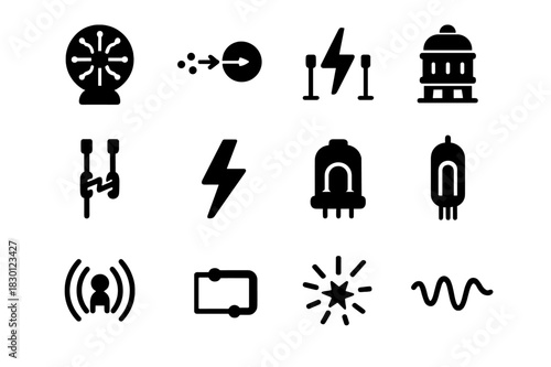 Plasma Technology Icons. Plasma technology. Solid icon set of Plasma technology: plasma ball, ion beam, electric arc, reactor, electrodes, lightning bolt, gas