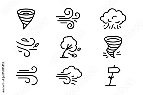 Whirlwind Icon Set. Whirlwind. Line icon set of Whirlwind: tornado, swirling wind, dust cloud, debris, flying leaves, bent tree, spinning funnel, gust lines,