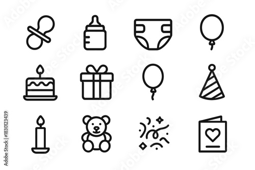 Baby Party Icon Set. Baby welcome party. Line icon set of Baby welcome party: pacifier, baby bottle, diaper, rattle, cake, gift box, balloon, party hat,