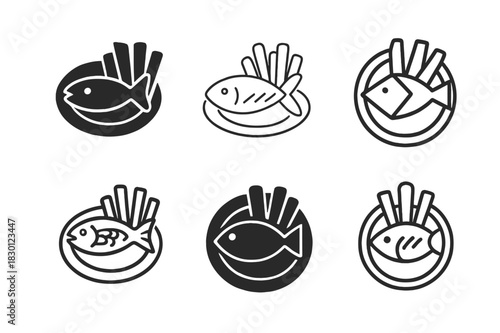 Fish and Chips Icons. fish and chips. Icon set. Set Logo of fish and chips: serving platter with fish and chips. harmonious logo variations of the same