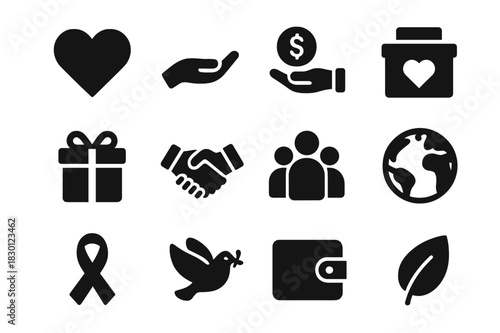 Charity Icon Set. Charity giving. Solid icon set of charity giving: heart, open hand, coin, donation box, gift, handshake, group of people, globe, ribbon,