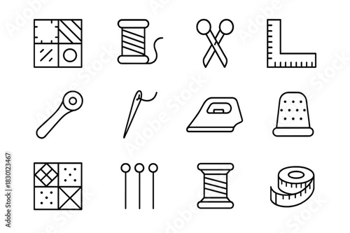 Patchwork Quilting Tools Icons. Patchwork quilting. Line icon set of patchwork quilting: fabric square, thread, scissors, ruler, rotary cutter, needle, iron,