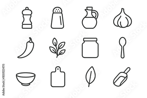 Gourmet Ingredient Icons. Gourmet ingredients. Line icon set of gourmet ingredients: pepper grinder, salt shaker, olive oil bottle, garlic, chili pepper,