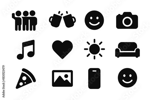 Friends Icon Collection. Friends together. Solid icon set of friends together: group selfie, clinking cups, laughter face, camera, music note, heart, sun,