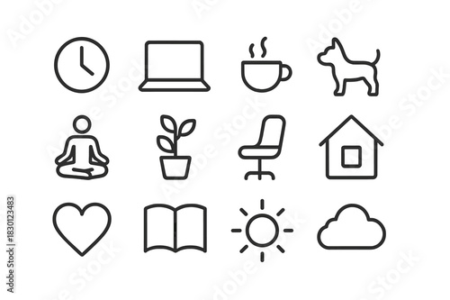 Balanced Life Icons. Work-life balance. Line icon set of work-life balance: clock, laptop, coffee cup, dog, yoga pose, plant, chair, home, heart, book, sun,