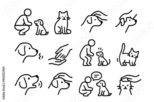 Street Pet Interaction Icons. Interacting with street pets. Line icon set of interacting with street pets: crouching person, happy dog, relaxed cat, petting