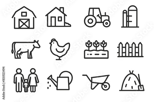 Agricultural Line Icons. Agricultural family life. Line icon set of Agricultural family life: barn, farmhouse, tractor, silo, cow, chicken, vegetable garden,