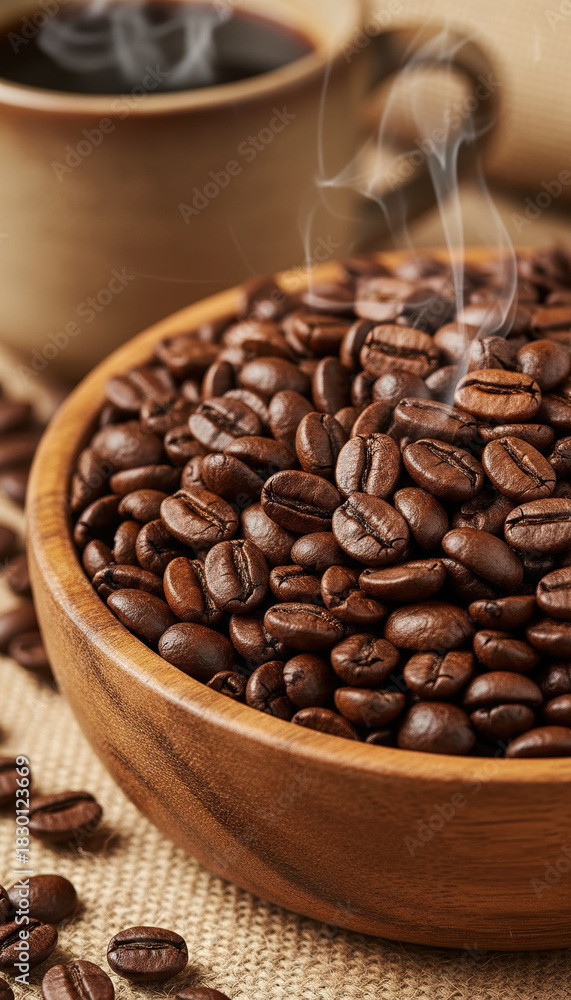 Fototapeta premium Steaming roasted coffee bean in wooden bowl closeup, aromatic rich brown coffee aroma evokes cozy morning comfort and rustic warmth