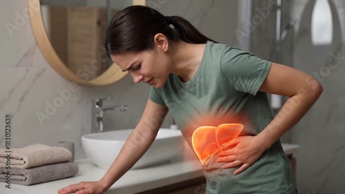 Woman with severe liver pain holding her abdomen in a bathroom setting.
