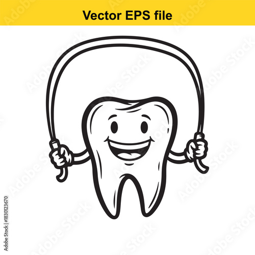 Funny cartoon tooth character happily jumping rope as a healthy dental hygiene concept, isolated on white background