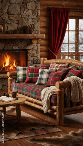 Cozy rustic log cabin living room with plaid sofa and pillows by stone fireplace, warm blanket and hot drink beside snowy window creating inviting holiday comfort