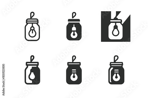 Upcycled Decor Icons. upcycled home decor. Icon set. Set Logo of upcycled home decor: repurposed glass jar lamp. harmonious logo variations of the same