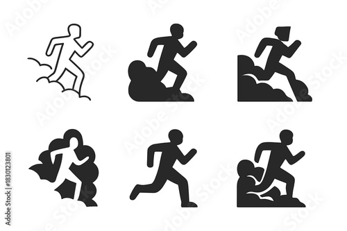 Smoke Runner Logos. running through smoke. Icon set. Set Logo of running through smoke: runner silhouette. harmonious logo variations of the same emblematic