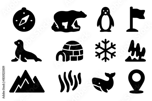 North Pole Icons. North pole. Solid icon set of north pole: compass, ice floe, polar bear, penguin, seal, igloo, snowflake, flag, mountain, aurora, whale, map