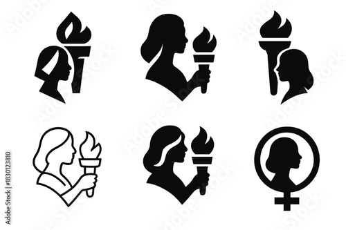 Women Leadership Logos. women in leadership. Icon set. Set Logo of women in leadership: guiding light torch. harmonious logo variations of the same emblematic