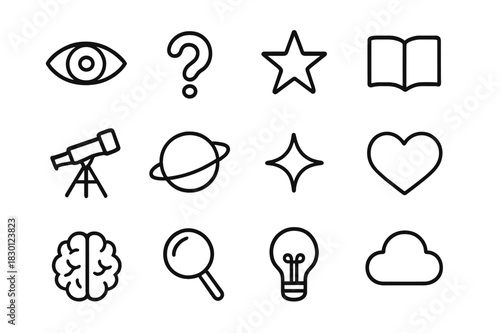 Curious Symbol Grid. Wonder and curiosity. Line icon set of wonder and curiosity: eye, question mark, star, book, telescope, planet, spark, heart, brain,