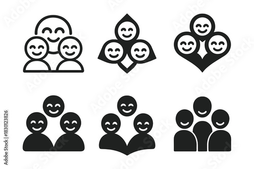 Joyful Emblem Variations. Shared Joy. Icon set. Set Logo of Shared Joy: Laughter Group. harmonious logo variations of the same emblematic concept, each with