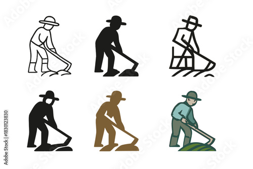 Smallholder Farming Icons. smallholder farming. Icon set. Set Logo of smallholder farming: farmer with hoe. harmonious logo variations of the same emblematic