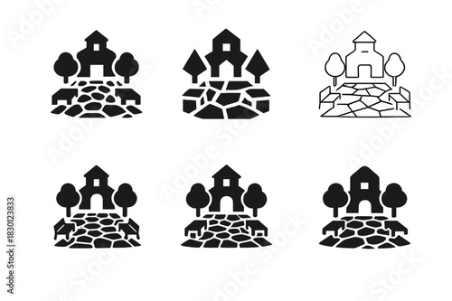 Town Square Icons. town square. Icon set. Set Logo of town square: cobblestone plaza with benches. harmonious logo variations of the same emblematic concept,