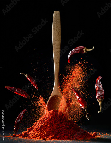 Dynamic spice dust burst on black background