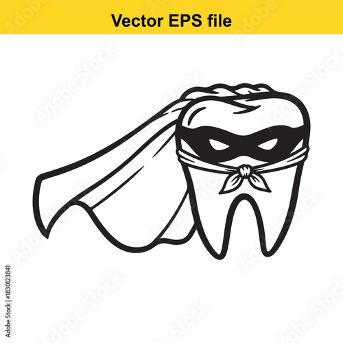 Black and white vector illustration of a superhero tooth wearing a mask and cape, isolated on white background for dental concept design