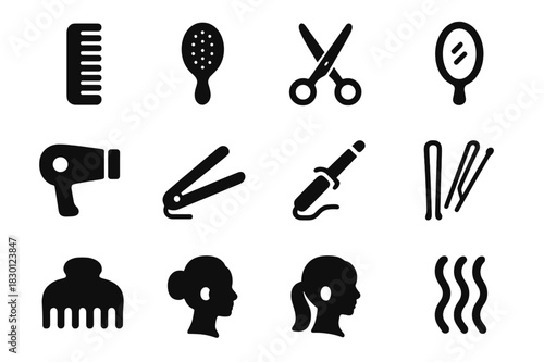 Timeless Hairstyle Icons. Timeless hairstyle. Solid icon set of Timeless hairstyle: comb, hairbrush, scissors, mirror, hair dryer, straightener, curling iron,