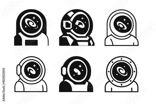 Astronaut Window Logos. astronaut window. Icon set. Set Logo of astronaut window: porthole with galaxy. harmonious logo variations of the same emblematic