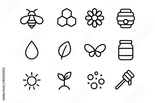 Pollinator Icon Set. Bees and pollinators. Line icon set of bees and pollinators: bee, honeycomb, flower, hive, drop, leaf, wing, jar, sun, plant, pollen,