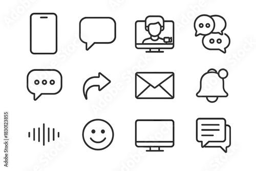 Digital Communication Icons. Digital communication. Line icon set of digital communication: smartphone, message icon, video chat, group chat, typing dots,