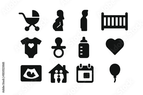 New Baby Icons. New baby arrival. Solid icon set of New baby arrival: baby stroller, pregnant mother, father, crib, onesie, pacifier, baby bottle, heart,